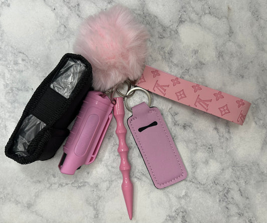 Pink Embossed L V Keychain