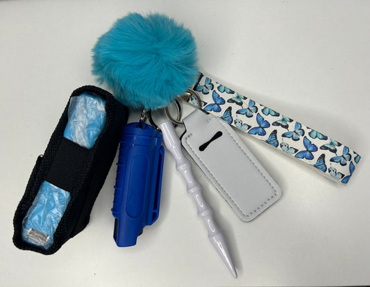 Blue Butterflies Leather Wristlet Keychain